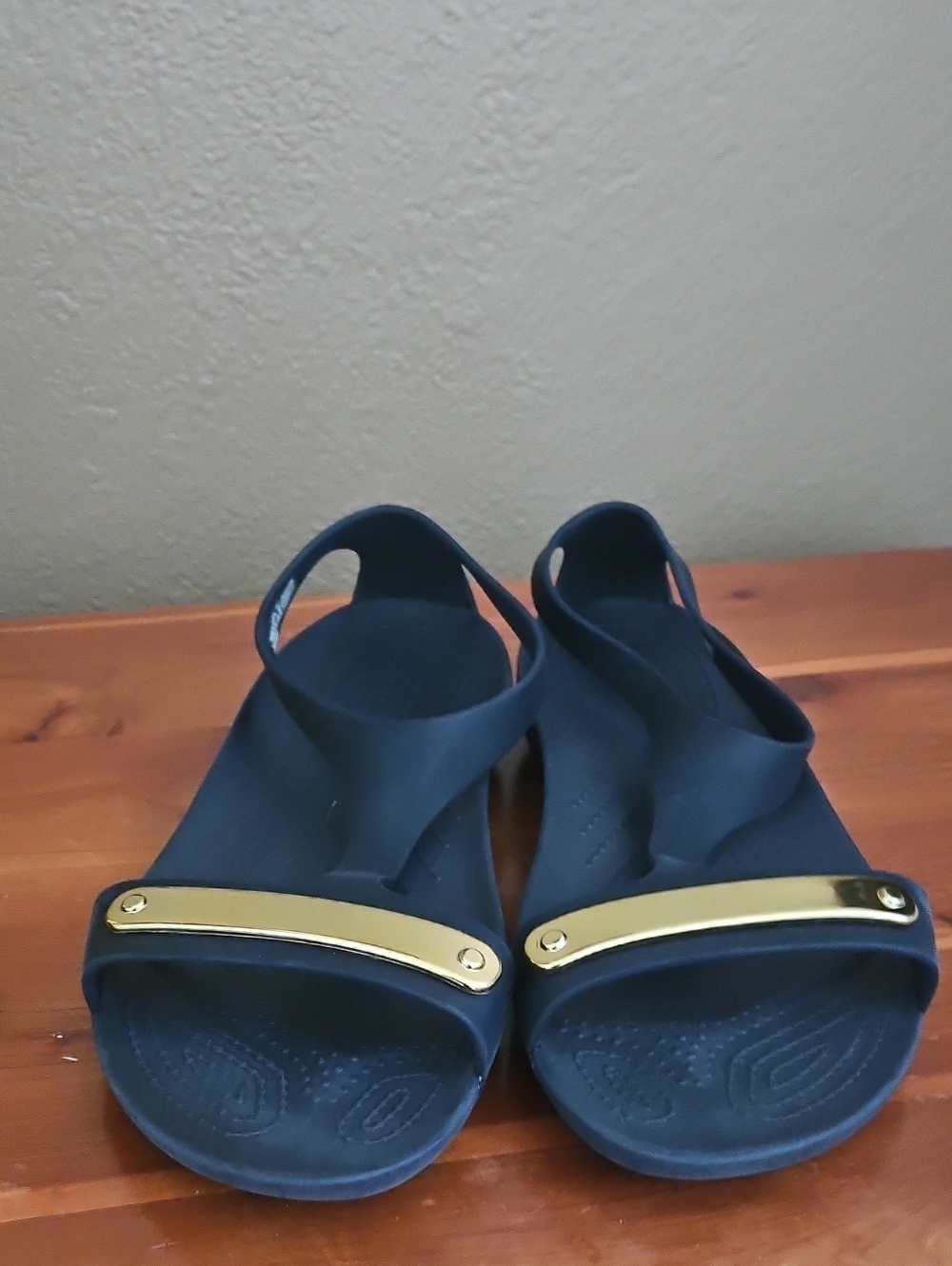 CROCS Navy Slingback Sandals with Gold Bar Detail